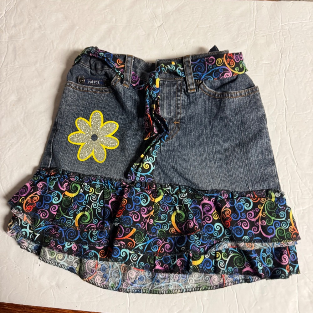 Riders by Lee Girls Denim Skirt Size 7R Blue Neon Swirl Ruffle Flower Applique